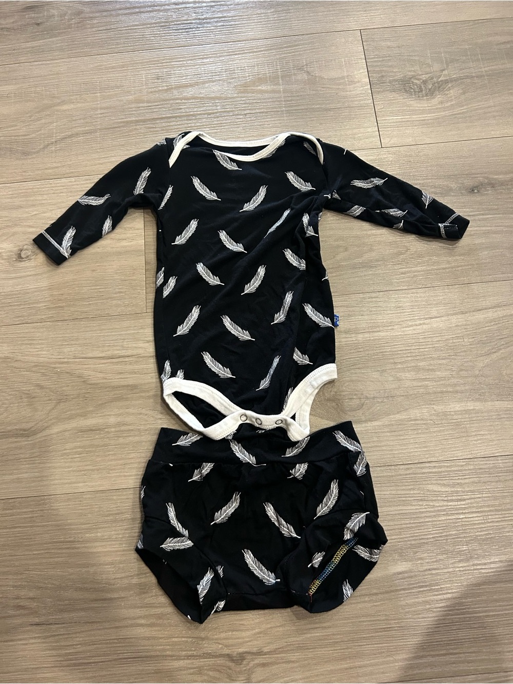 6-12 month Kickee Pants Black Bodysuit with White Feather Detail